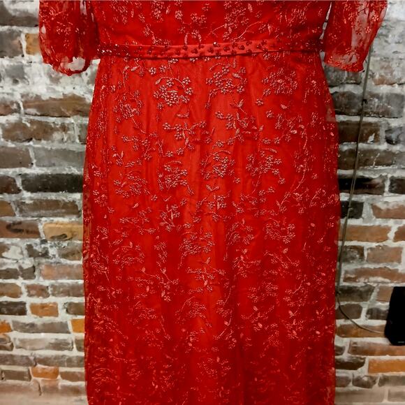 Womens Mother of the Bride Red Lace Evening Dress Medium Beaded Formal Gown - Picture 7 of 12
